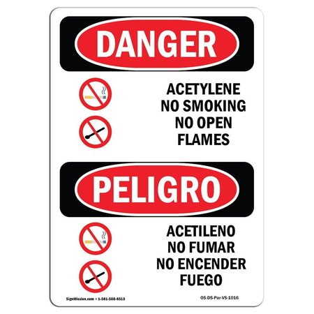 SIGNMISSION Safety Sign, OSHA, 14" Height, Aluminum, Acetylene No Smoking No Open Flame Spanish OS-DS-A-1014-VS-1016